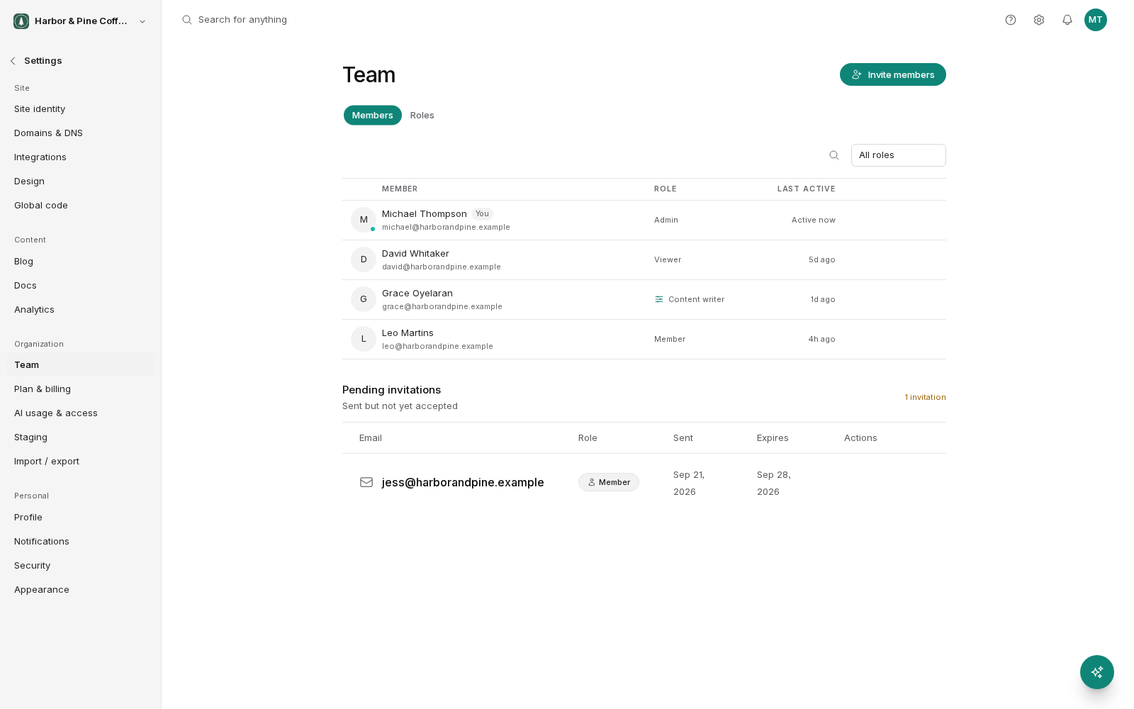 The Team settings screen with Members and Roles tabs and an Invite members button. The Members tab lists four people with their email, role (Admin, Viewer, a custom Content writer role and Member) and when they were last active. A Pending invitations section below shows one invitation with the email, role, date sent and expiry date.