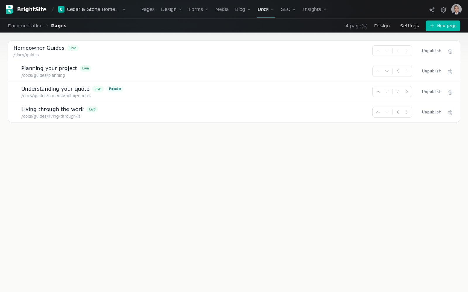 The documentation pages list, showing pages nested under a parent.