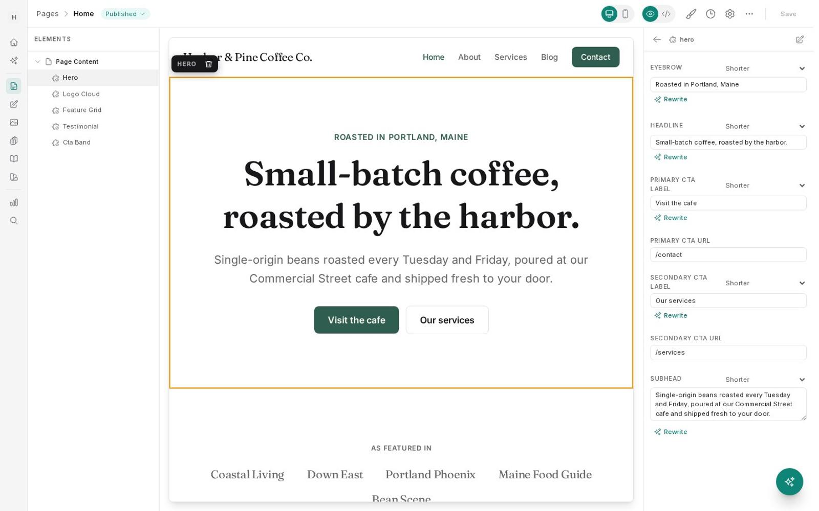 Editor with the hero selected and its fields open