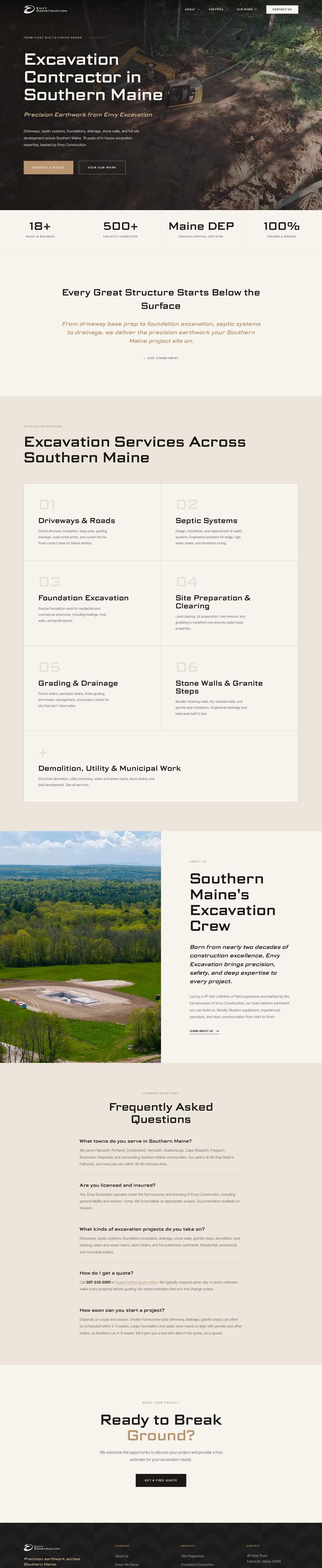 Envy Excavation website, full page