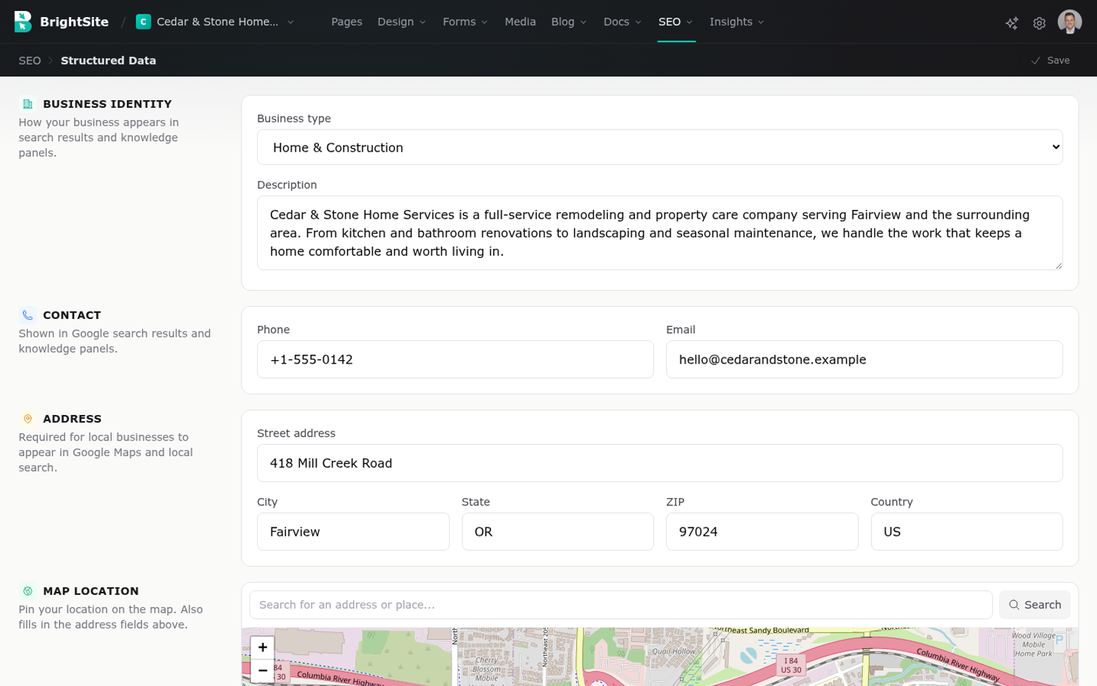 The Structured Data screen with business identity and contact fields.