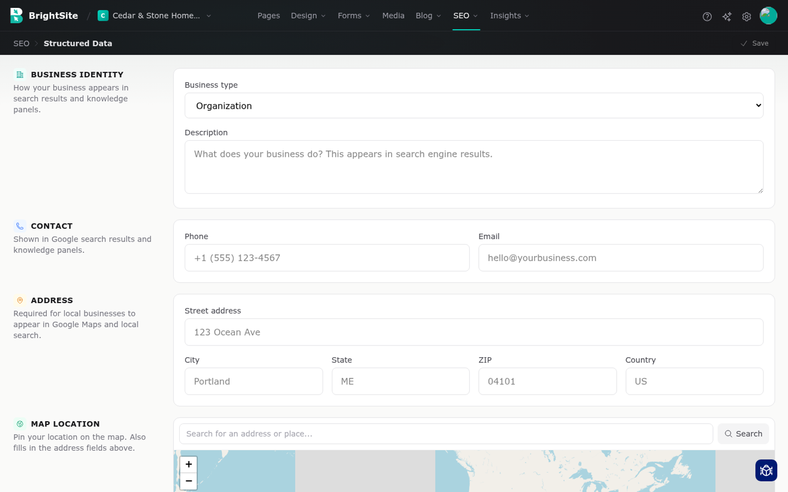 The SEO overview screen listing each page on the site with its SEO status.