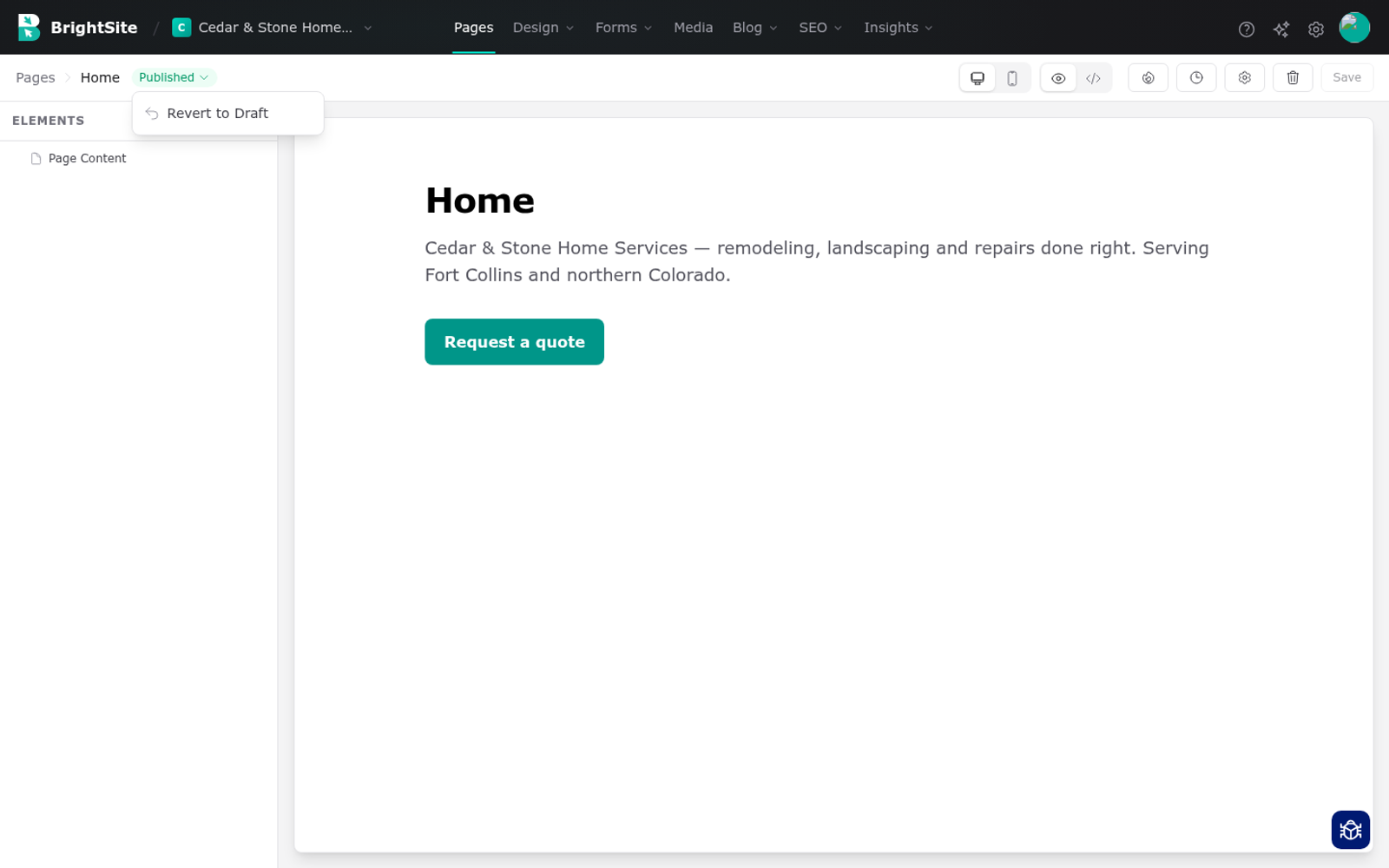A page open in the editor with its publish state shown in the toolbar.