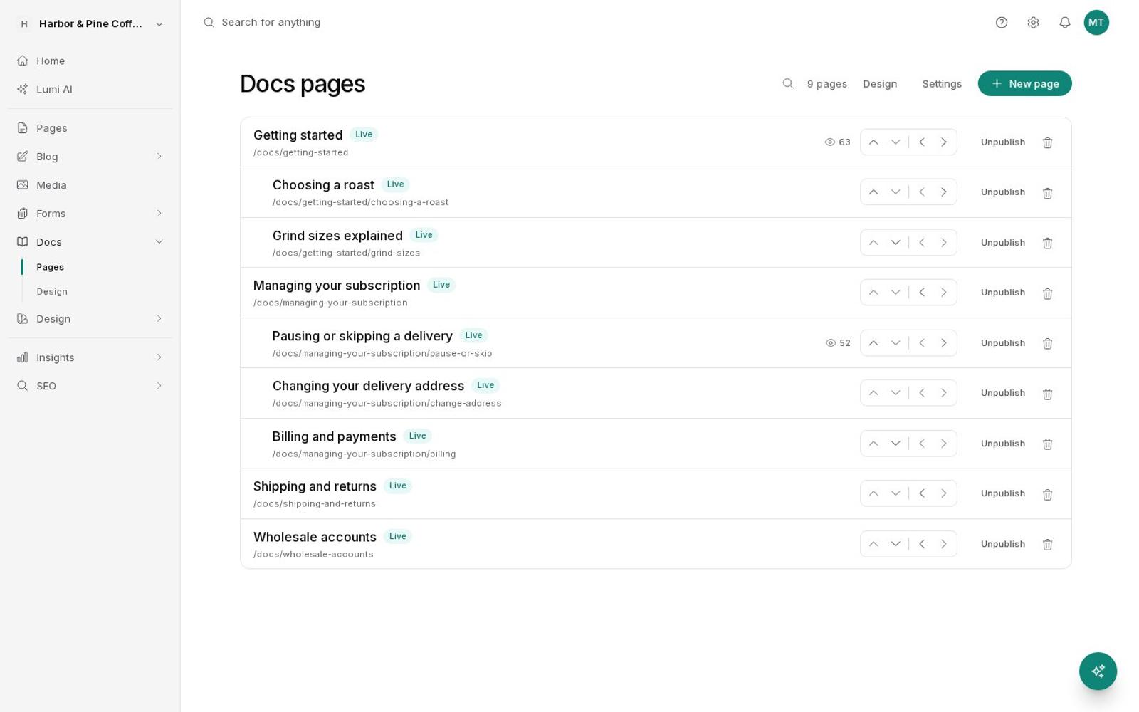Docs pages with nested sections and Live badges