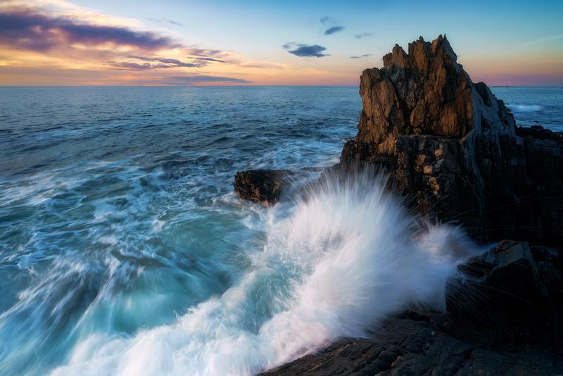 Rick Berk Notecard Set photo: pinnacle Rock on Bailey Island, Maine, stands against the incoming tide on a spring morning