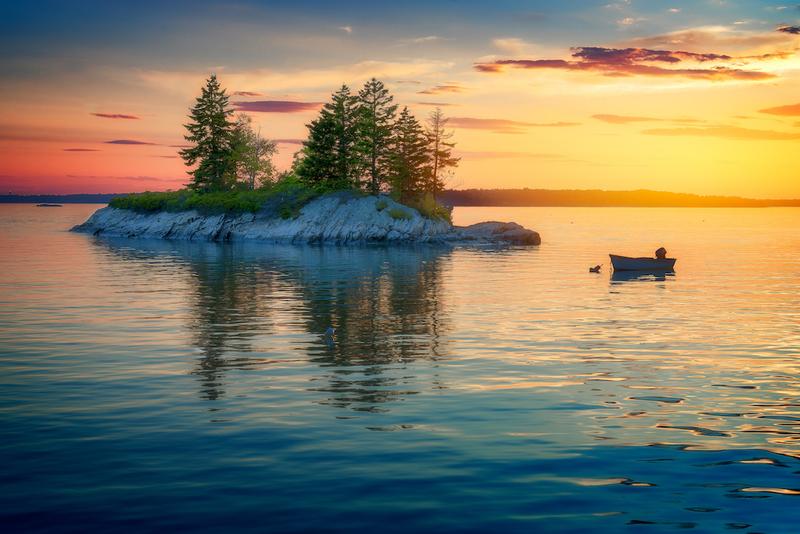 Rick Berk Notecard Set photo: here, a skiff is tied off a small island in Middle Bay near Lookout Point in Harpswell, Maine