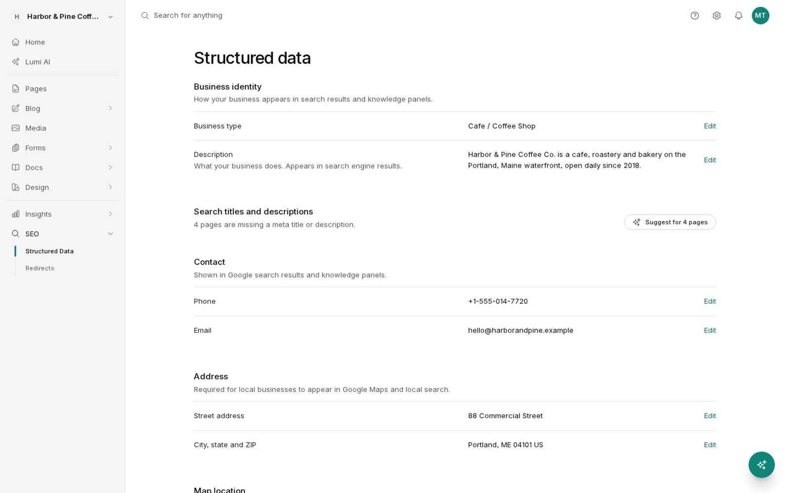 Structured data settings with business details
