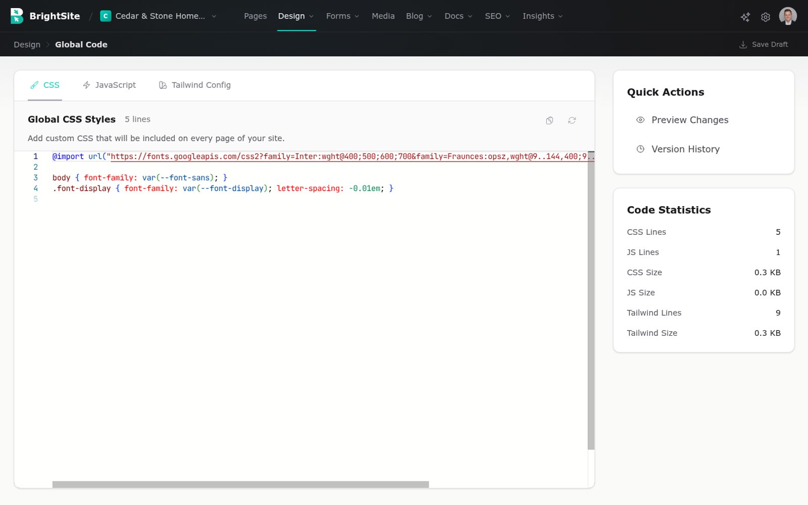 The Global Code editor with tabs for CSS, JavaScript and Tailwind config.