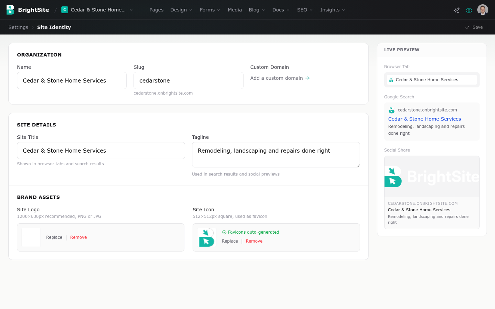 The Site Identity screen with site title, tagline and brand assets, and a live preview panel.