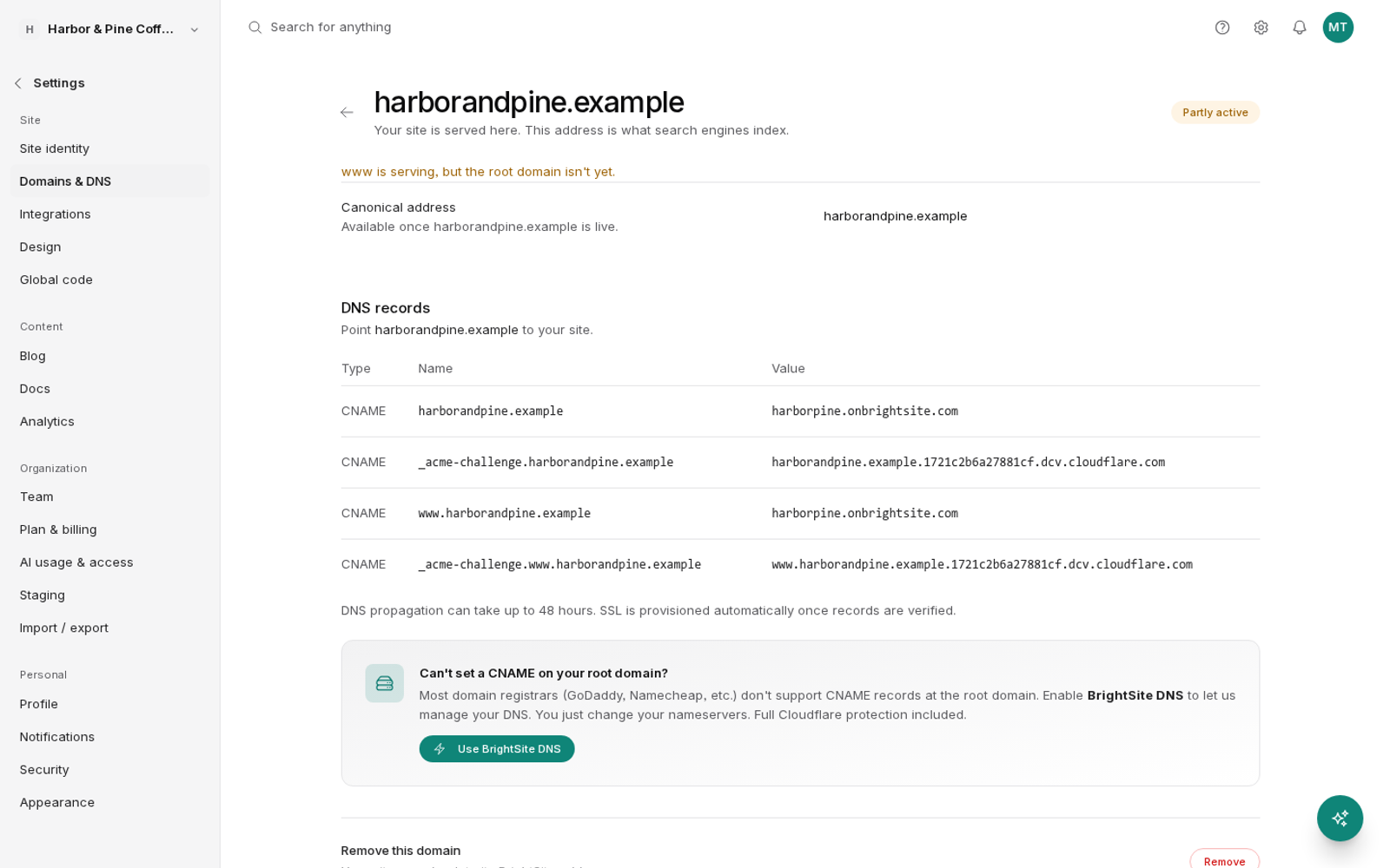 The same domain page with a Partly active badge. A line under the header reads: www is serving, but the root domain isn't yet.