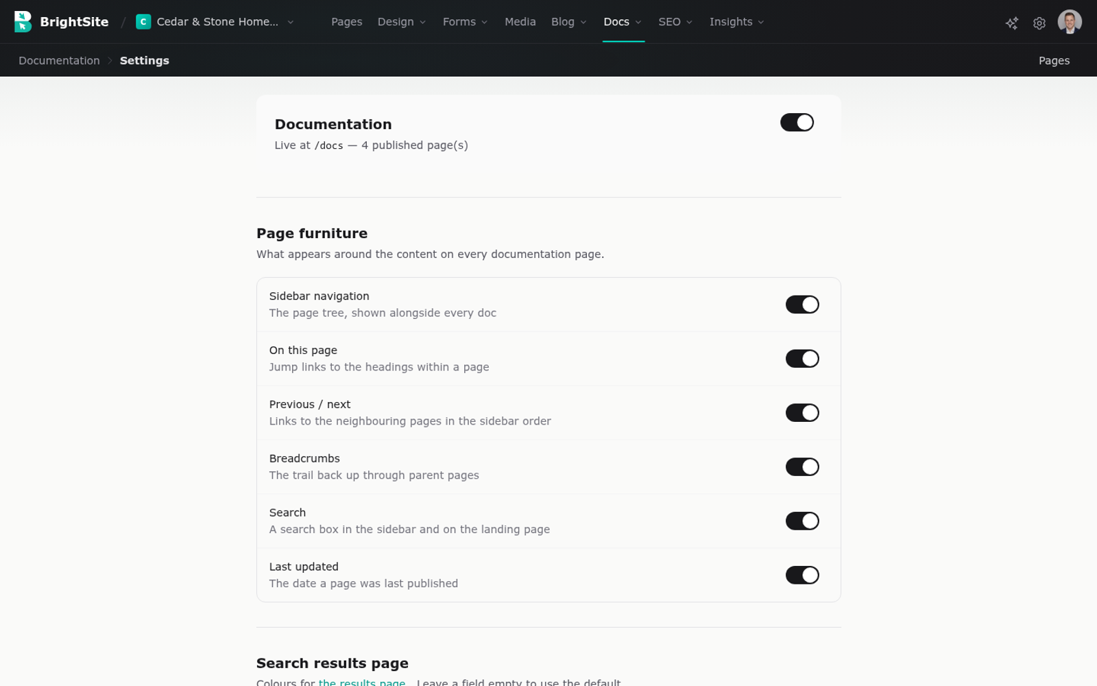 The documentation settings screen with its display toggles.