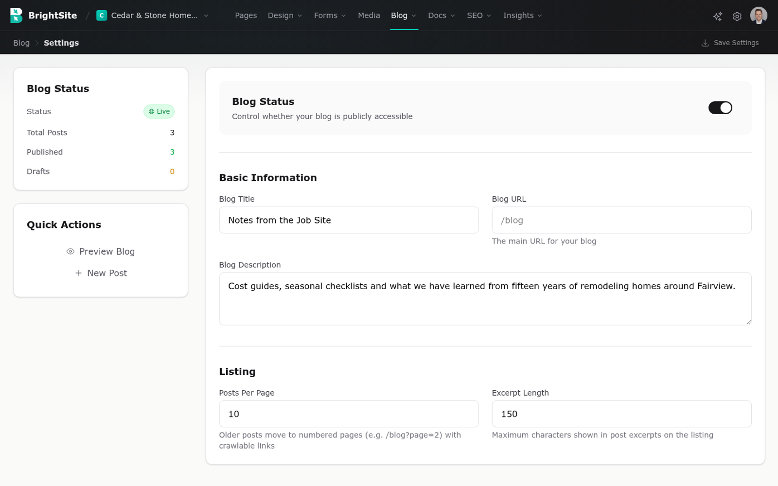 Blog settings, showing the blog title, URL, posts per page and display toggles.
