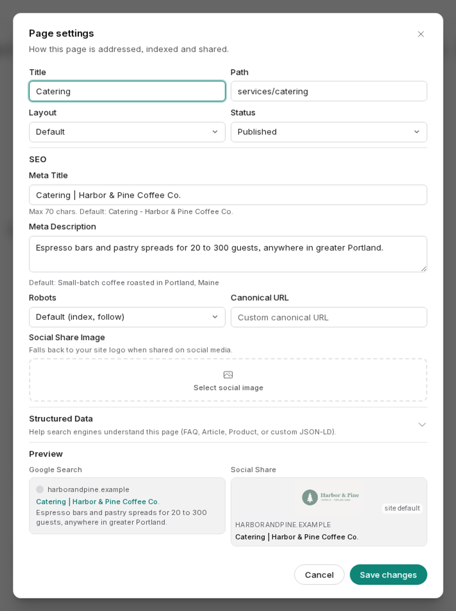 The Page settings window for a Catering page, with Title, Path, Layout and Status at the top, an SEO section with Meta Title, Meta Description, Robots, Canonical URL and a Social Share Image picker, a collapsed Structured Data section, and a Preview showing the page as a Google search result and a social share card. Cancel and Save changes buttons sit at the bottom.