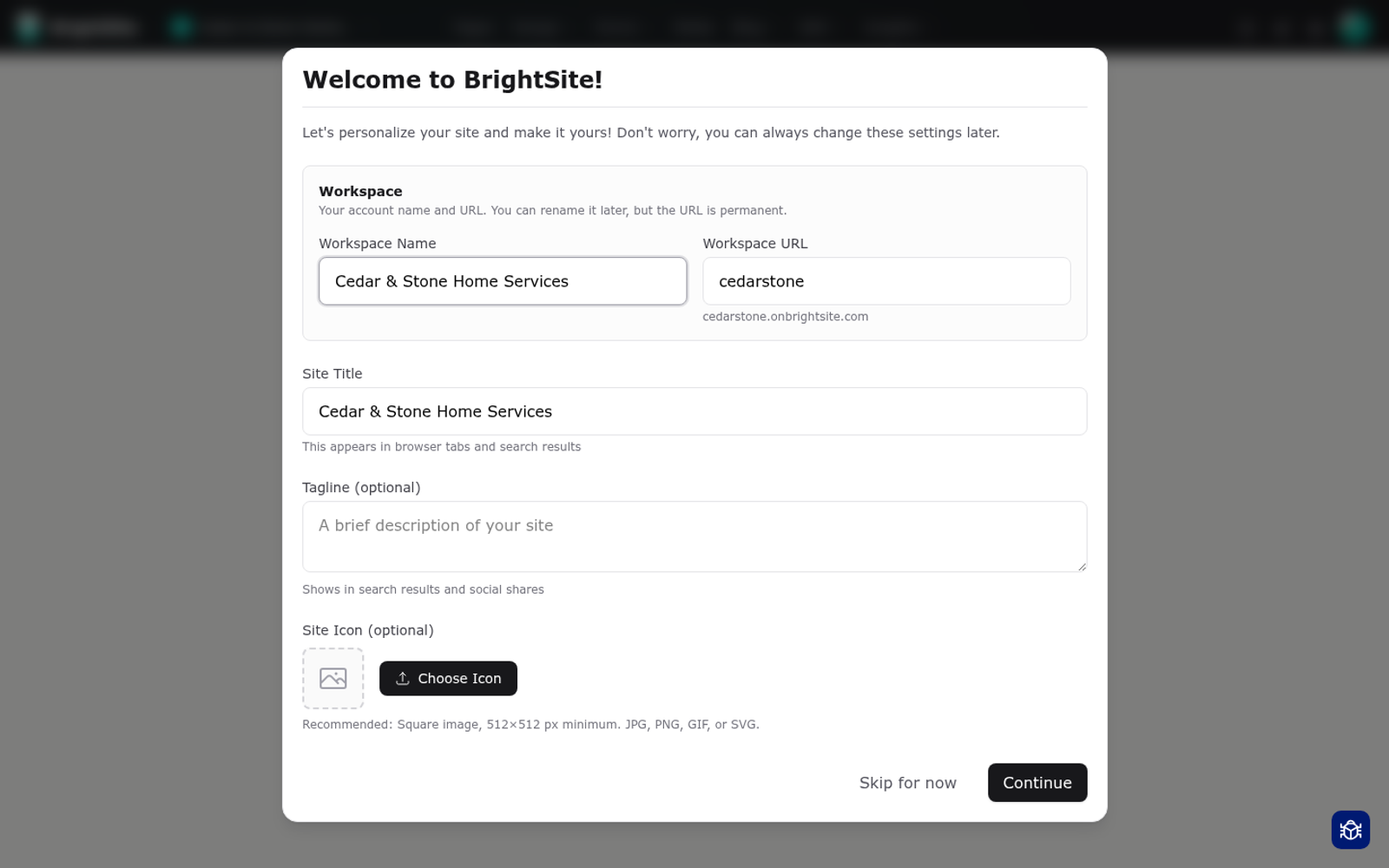 The first step of the onboarding flow for a new site.