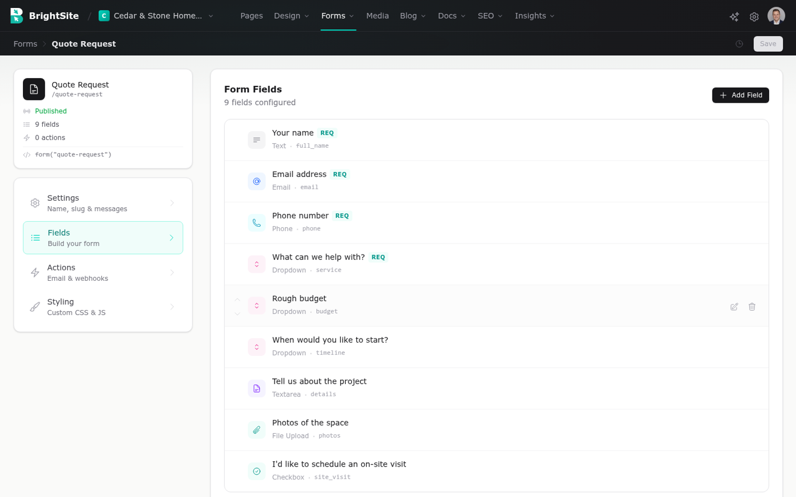 The form builder Fields tab, listing each field with its type and whether it is required.