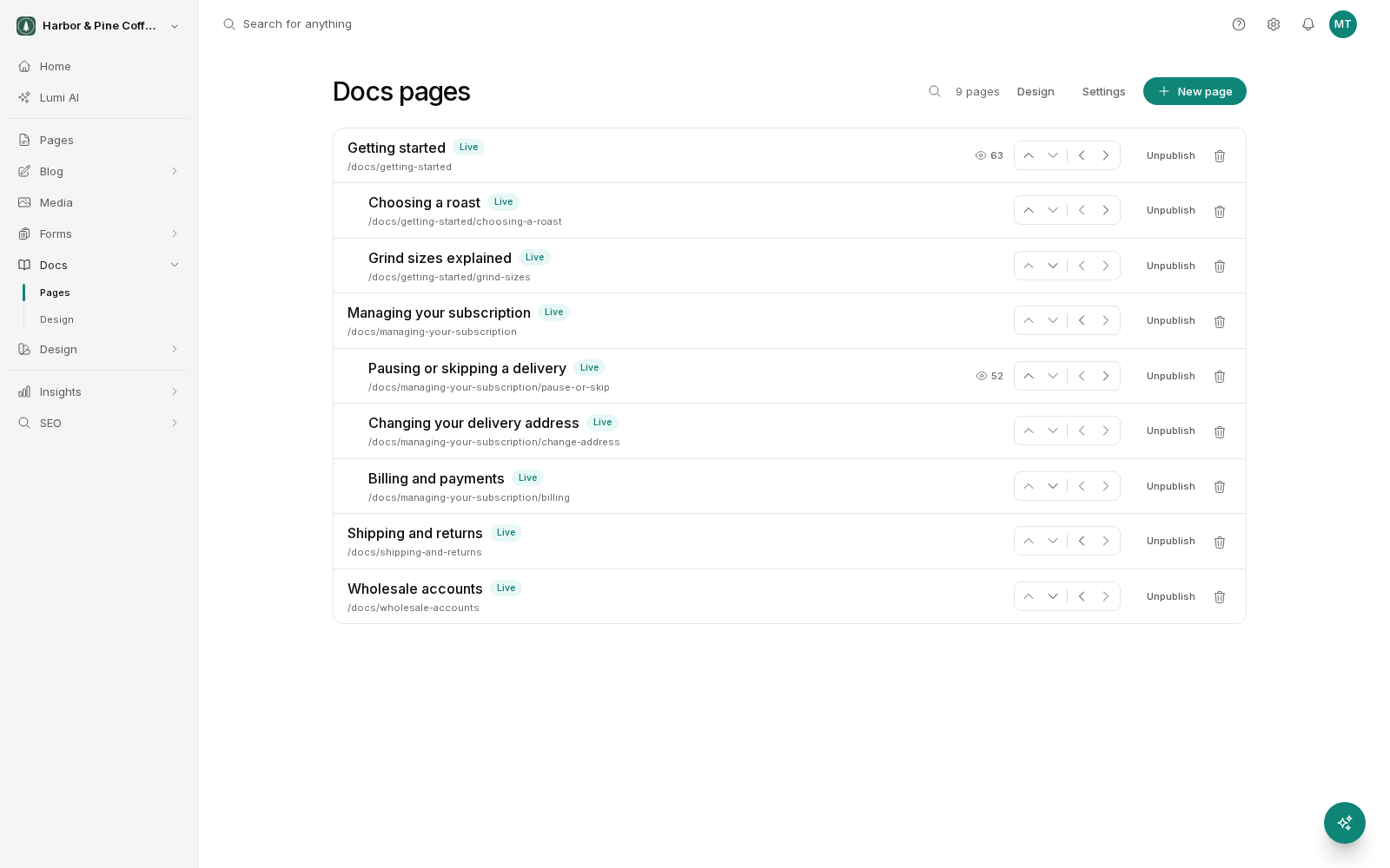 The Docs pages list under Docs in the sidebar, showing nine live pages. Section pages such as Getting started and Managing your subscription have child pages indented beneath them, and each row shows its address, a Live badge, arrow buttons to reorder or change nesting, an Unpublish link and a delete icon. Design, Settings and New page sit at the top right.
