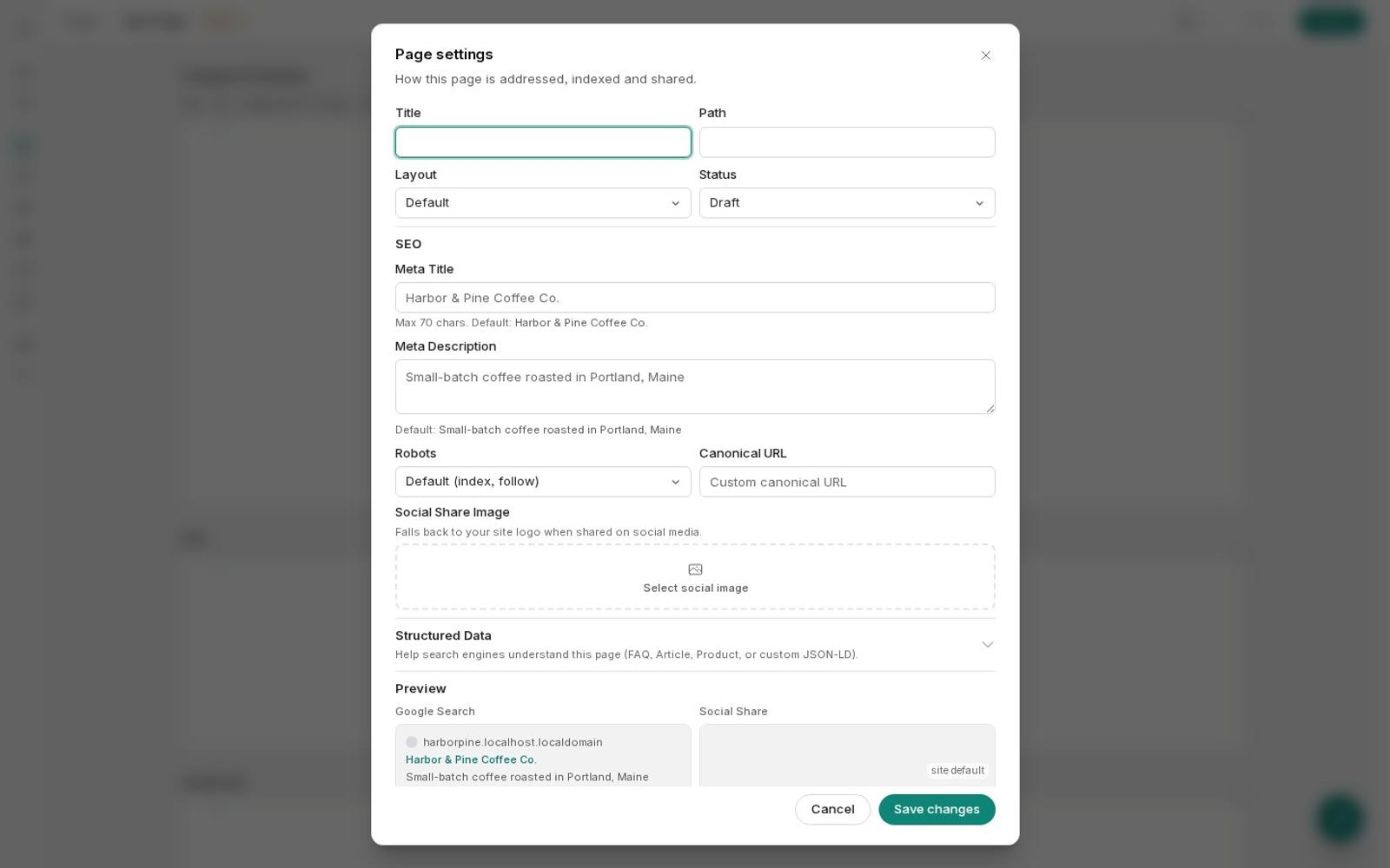 Page settings with SEO fields and a Google preview