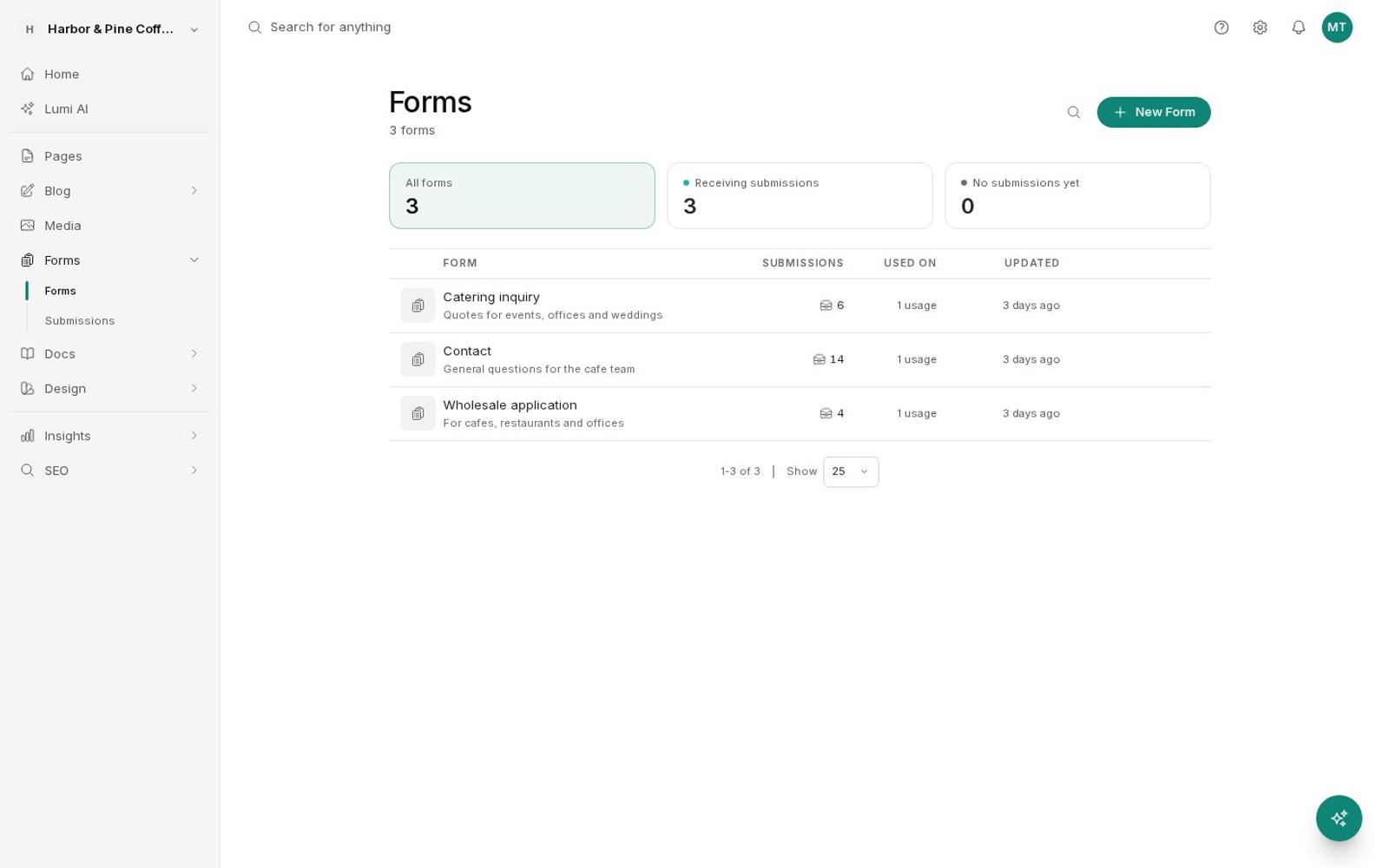 Forms list with contact, catering, and wholesale forms