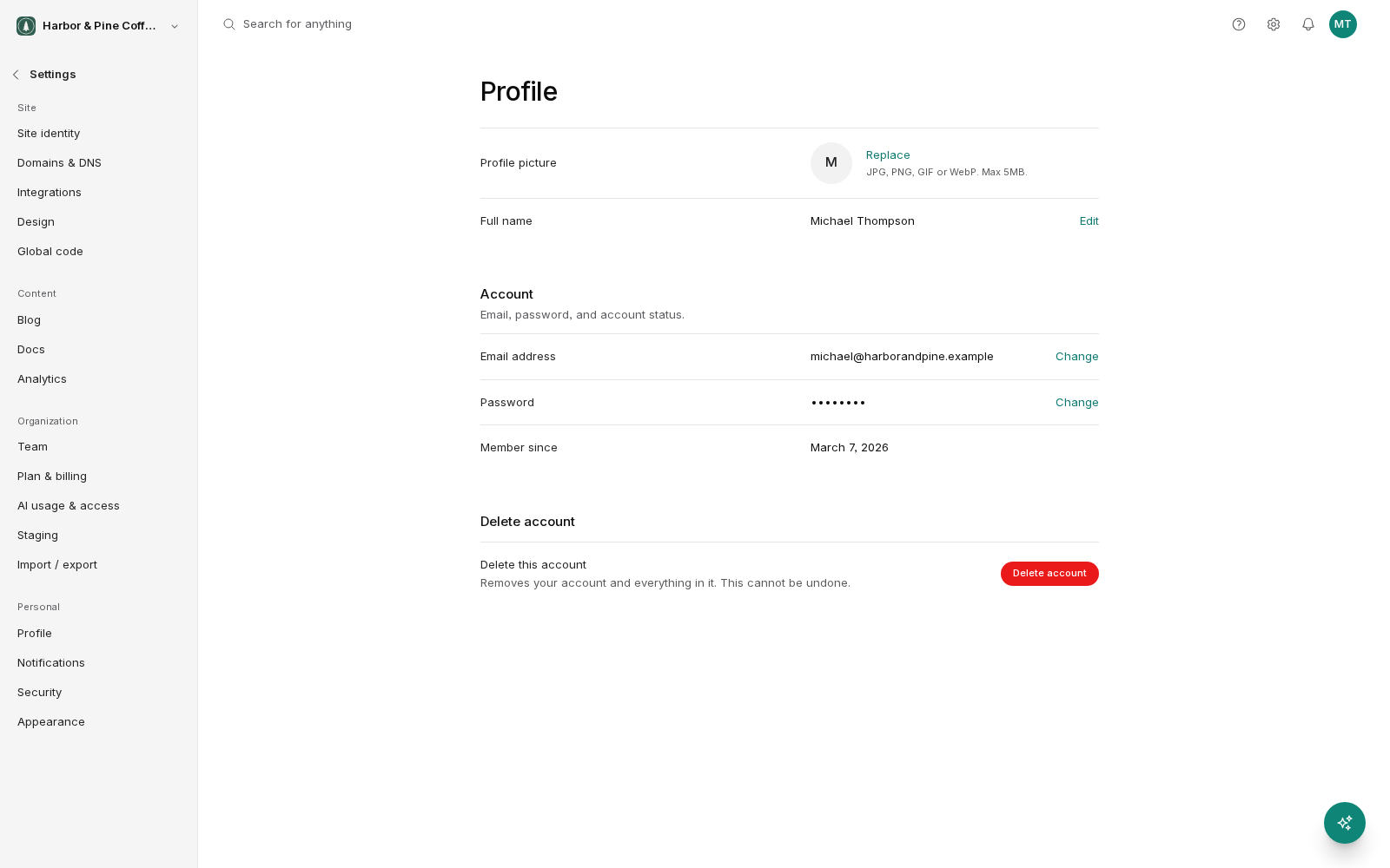 The Profile settings page, opened from Profile under Personal in the settings sidebar. It shows the profile picture with a Replace link, the full name with an Edit link, an Account section with the email address and password each with a Change link and the member since date, and a Delete account section with a red Delete account button.