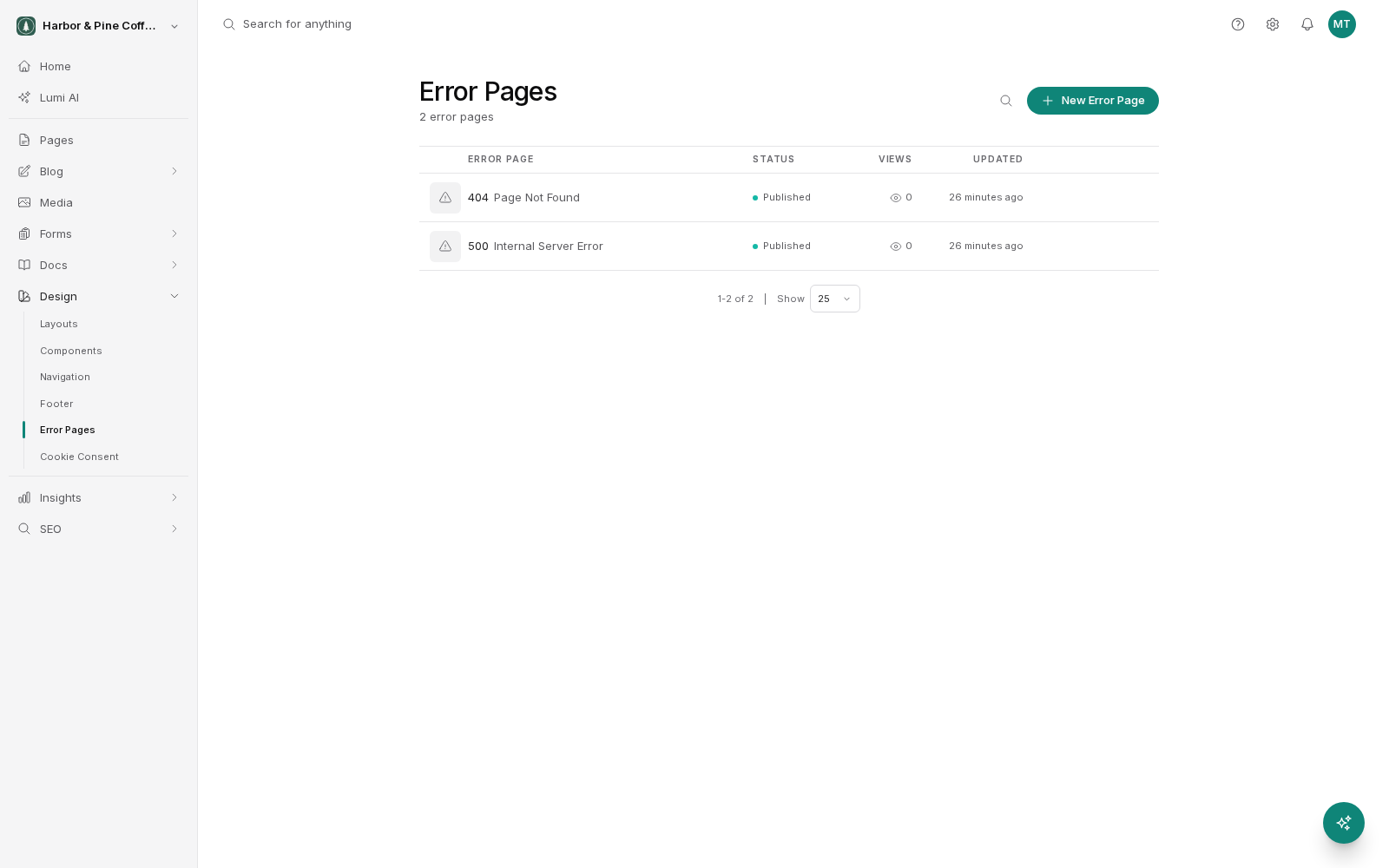 The Error Pages list under Design in the sidebar, showing two published error pages, 404 Page Not Found and 500 Internal Server Error, each with its view count and last update, and a New Error Page button at the top right.