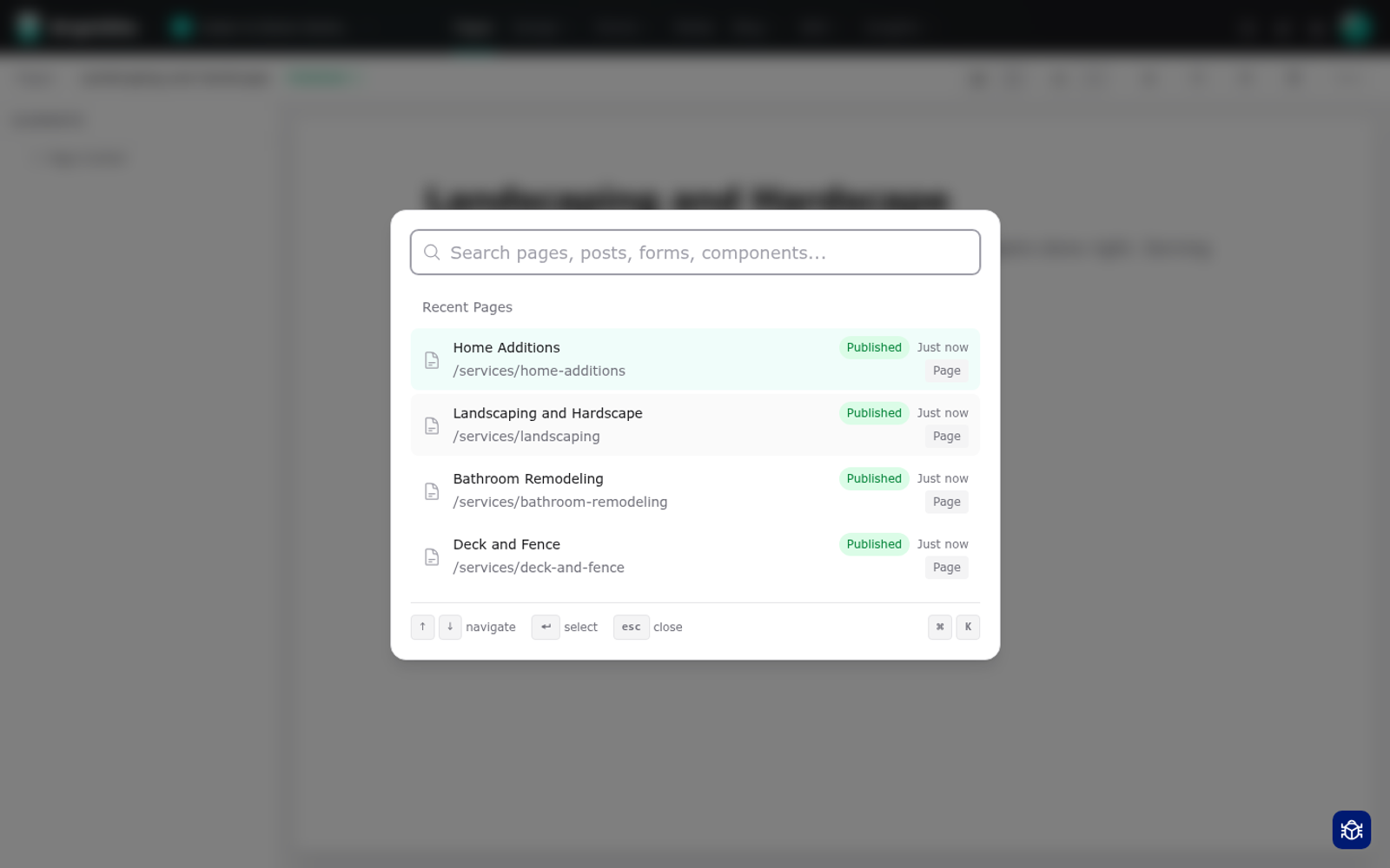 The search box open over the app, with matching results listed beneath the typed text.