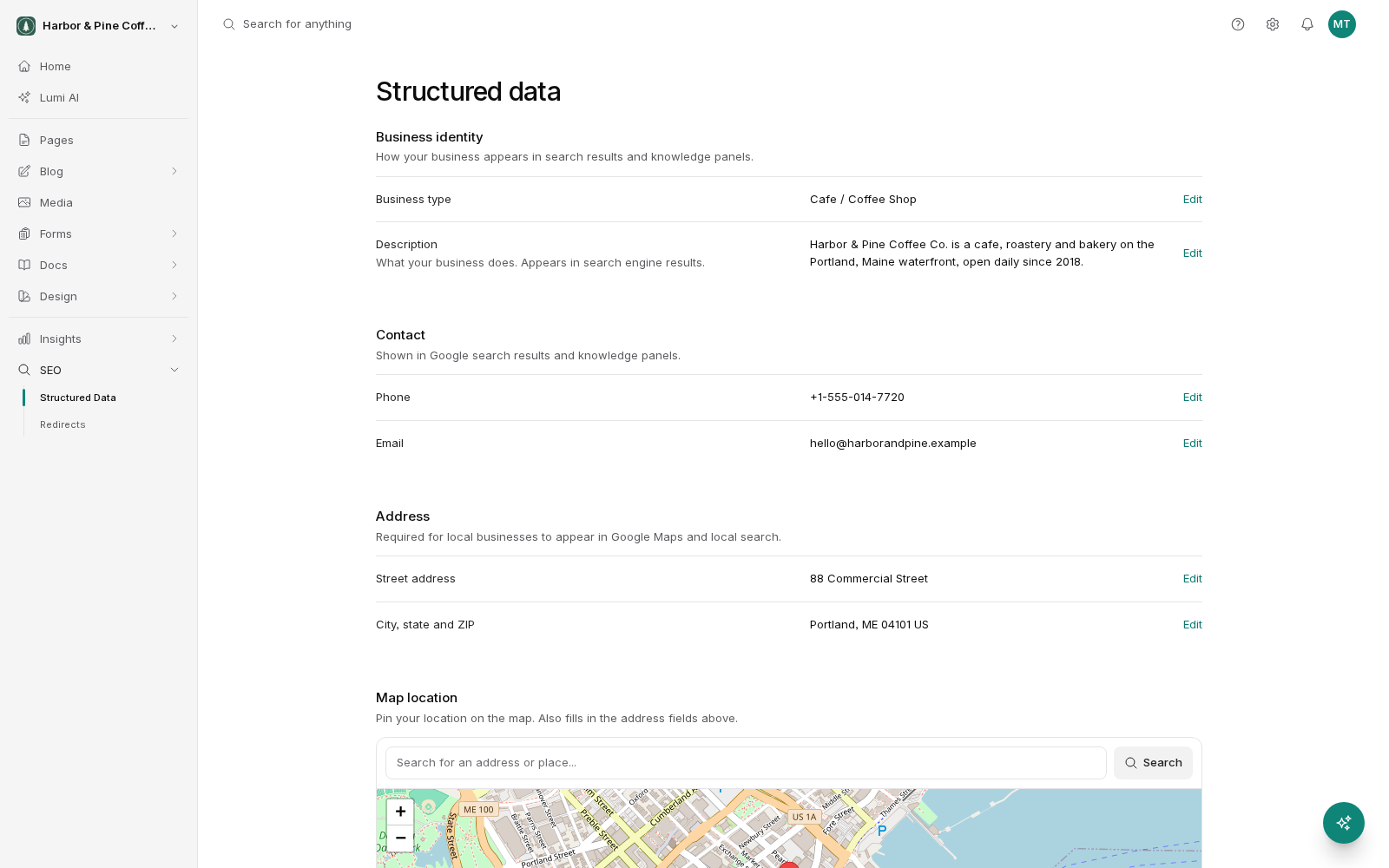The Structured data screen, opened from SEO in the sidebar. Business identity shows the business type and description, Contact shows the phone number and email, and Address shows the street address and city, state and ZIP, each with an Edit link. A Map location search box and map begin below.