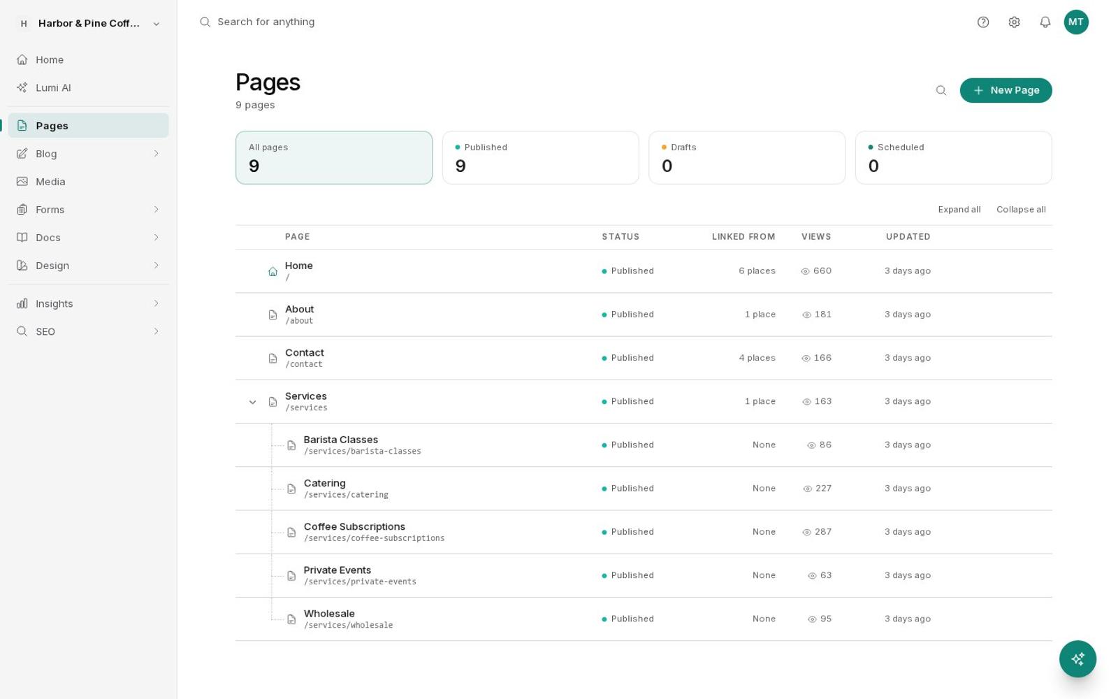 Pages list with drafts and published pages