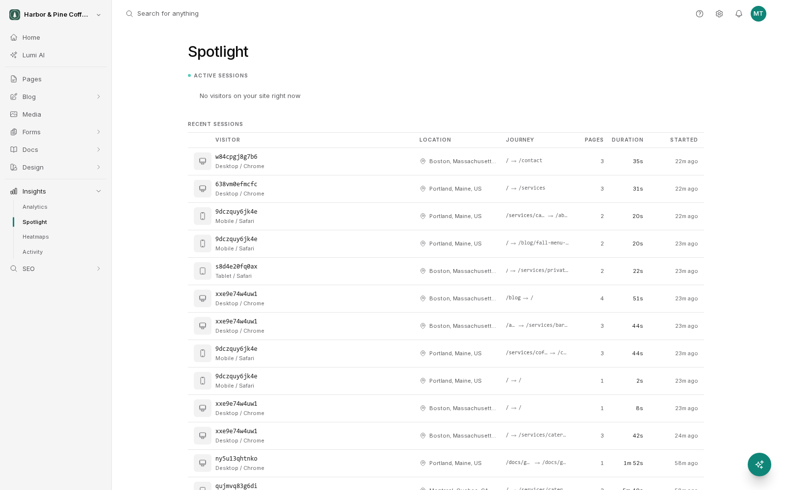The Spotlight screen under Insights in the sidebar. An Active sessions section at the top reads No visitors on your site right now. A Recent sessions table below lists each visit with an anonymous visitor ID, device and browser, location, the journey from entry page to exit page, the number of pages, the duration and when it started.