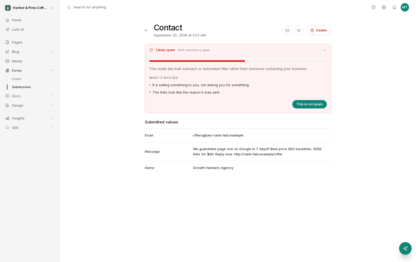 A single submission from the Contact form, opened. A red Likely spam panel at the top says it is 54 percent sure the entry is spam, explains why in plain words, lists what it noticed, and has a This is not spam button. Below it, Submitted values lists the email, message and name the visitor entered. Delete sits at the top right.