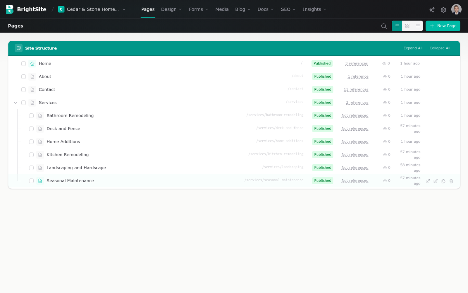 The Pages list showing site structure, with service pages nested beneath a Services parent page.