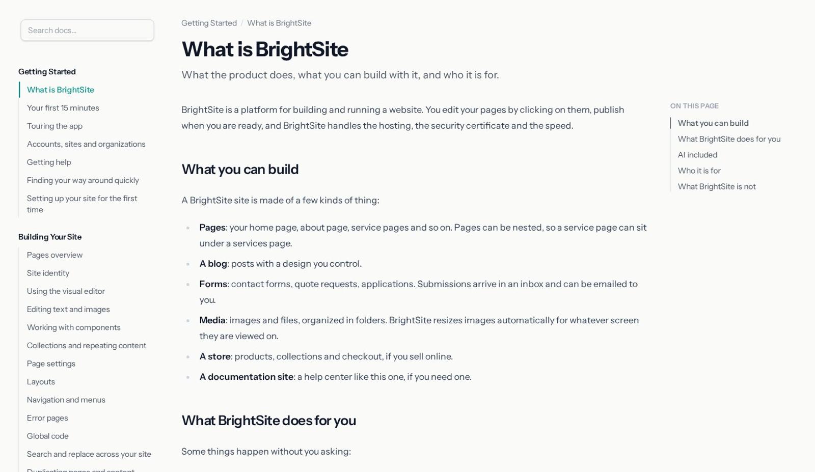 The BrightSite help center with a sidebar, an article, and an On this page list