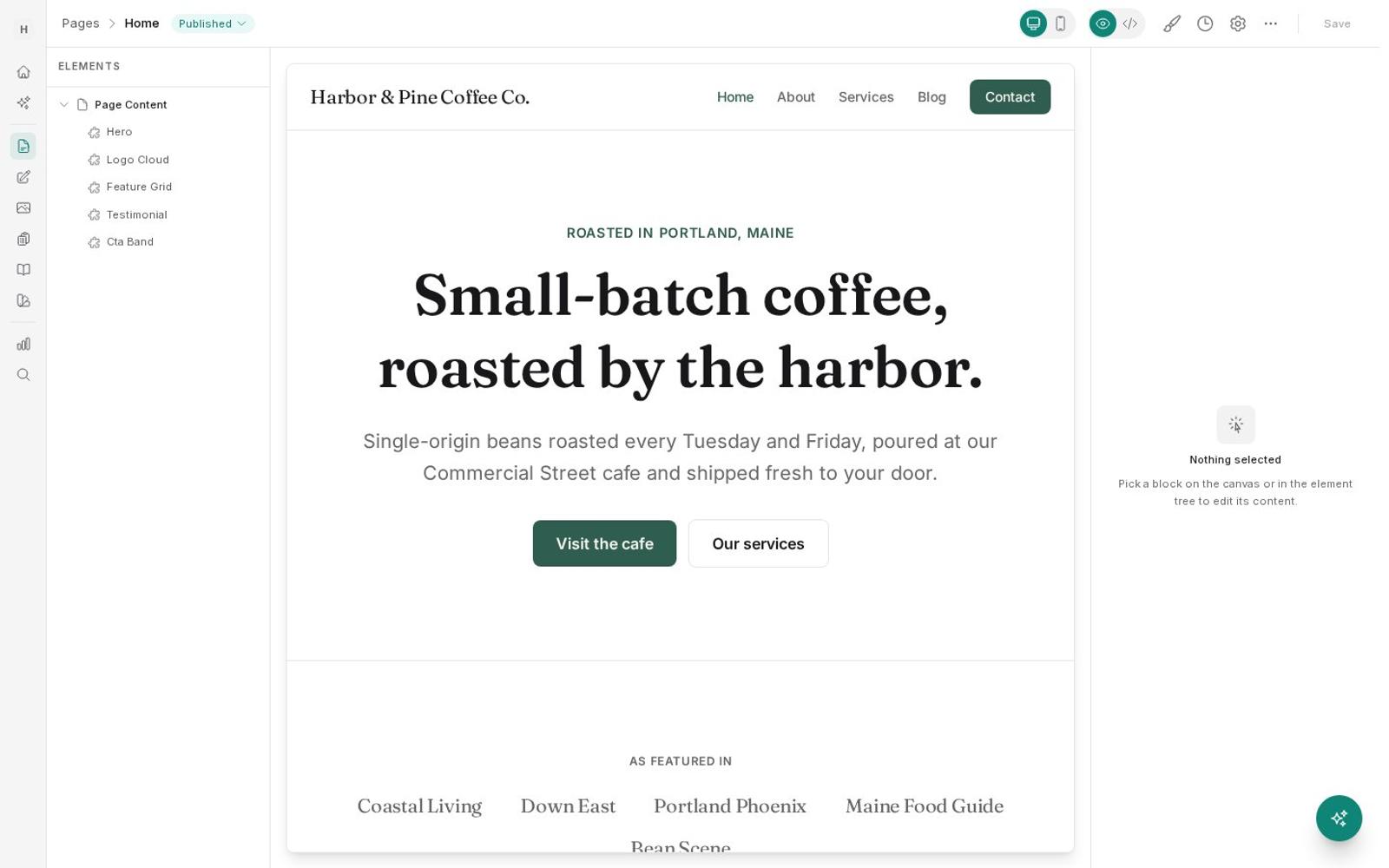 Editor showing the element tree and the page canvas