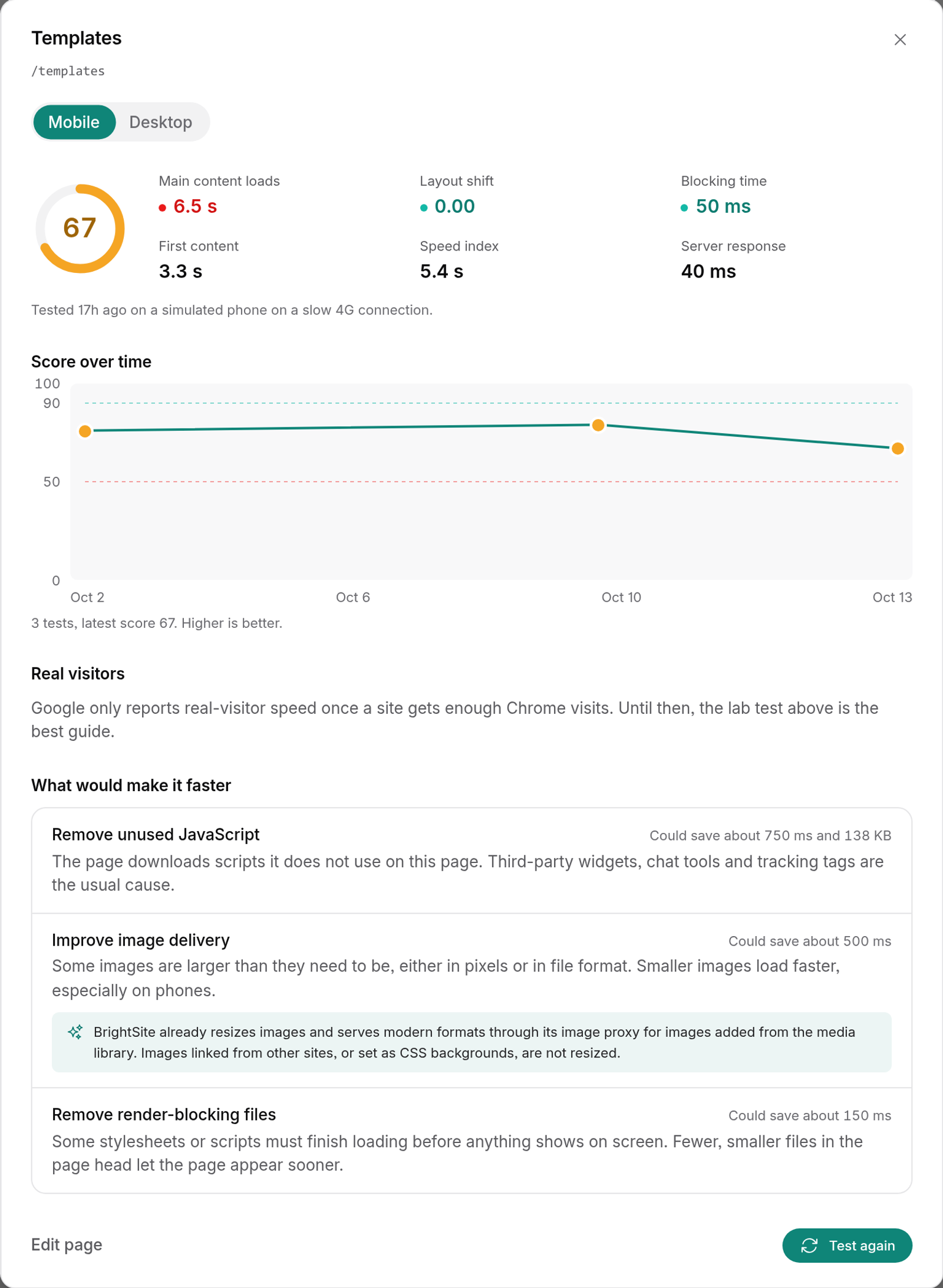 Page detail for the templates page on mobile: a score of 67, main content loading in 6.5 seconds and other measurements, score over time, a note that real-visitor data isn't available yet, and three suggested fixes with estimated savings