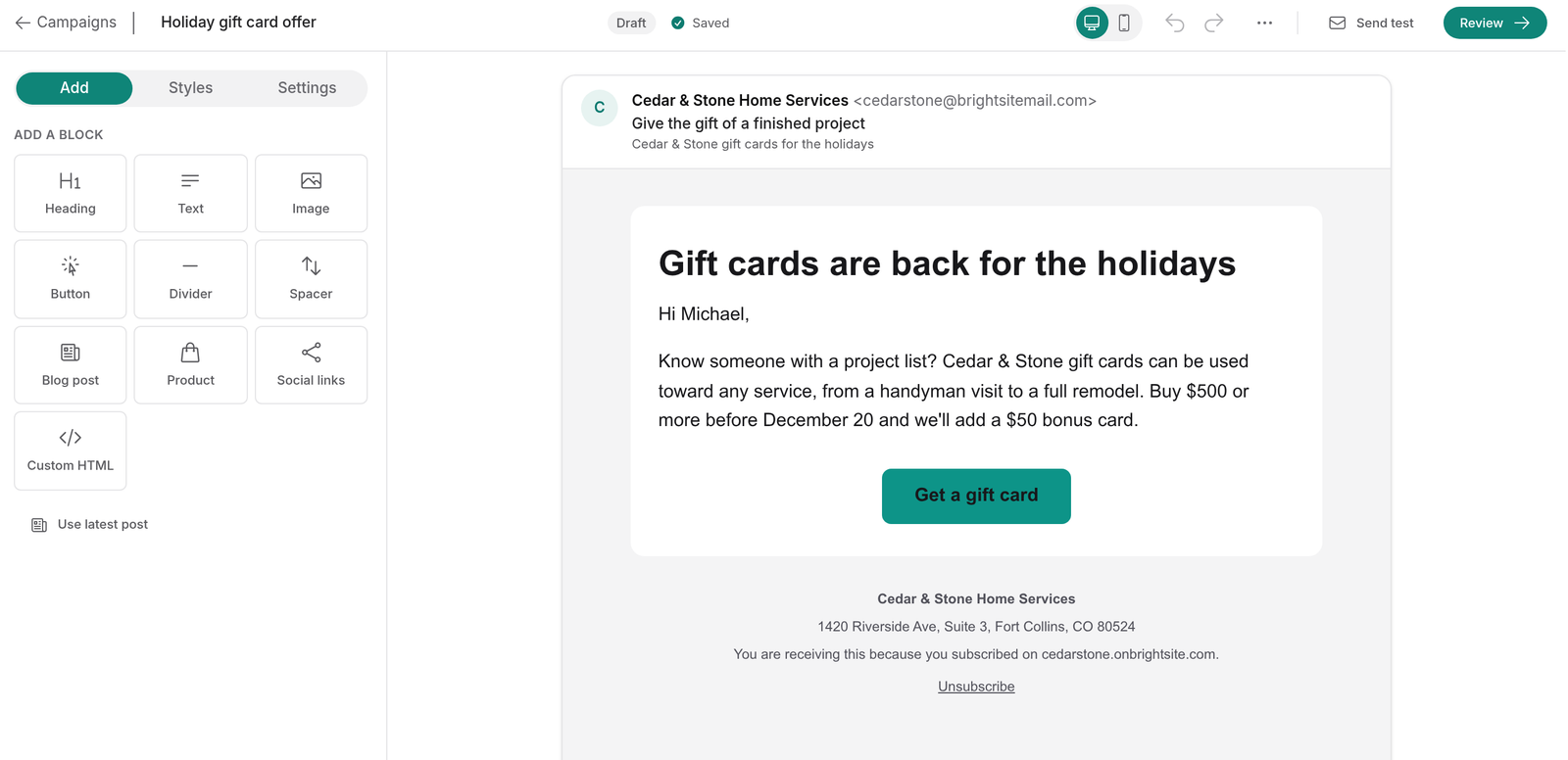 An email campaign on the canvas editor: the block palette with heading, text, image, button, blog post, and product blocks on the left, and a holiday gift card email on the right