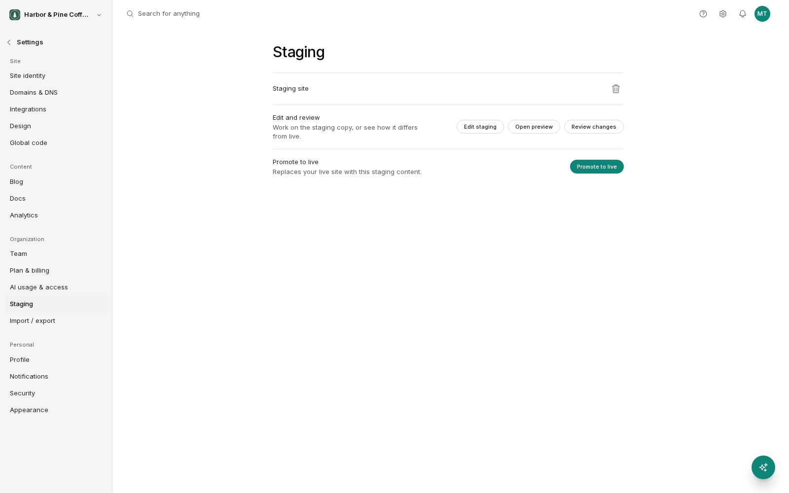 The Staging settings screen for an existing staging site, with a delete icon beside Staging site, an Edit and review row with Edit staging, Open preview and Review changes buttons, and a Promote to live row that replaces the live site with the staging content.