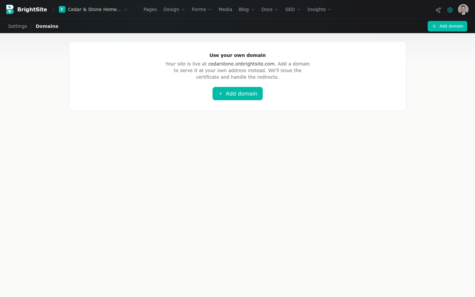 The Domains and DNS screen.