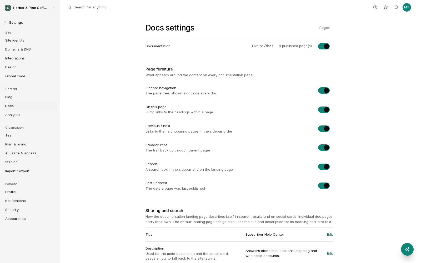 The Docs settings screen. A Documentation toggle at the top shows the docs are live at /docs with 9 published pages. The Page furniture section has toggles for sidebar navigation, on this page, previous and next, breadcrumbs, search and last updated. The Sharing and search section below holds the docs title and description.
