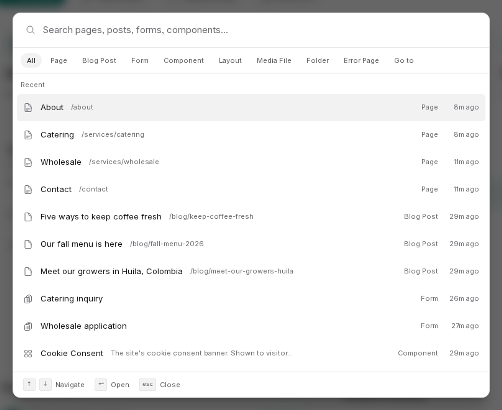 The search box open over the app with nothing typed yet. Filter tabs for All, Page, Blog Post, Form, Component, Layout, Media File, Folder, Error Page and Go to sit under the search field, and a Recent list shows pages, blog posts, forms and a component, each with its type and when it was last changed. Keyboard hints for navigate, open and close run along the bottom.