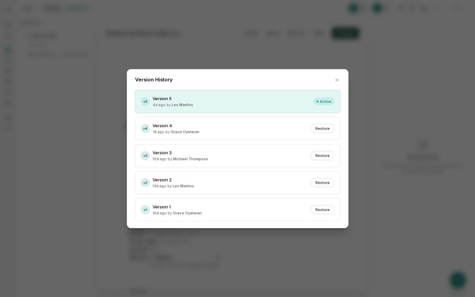 Version History with earlier versions and Restore buttons