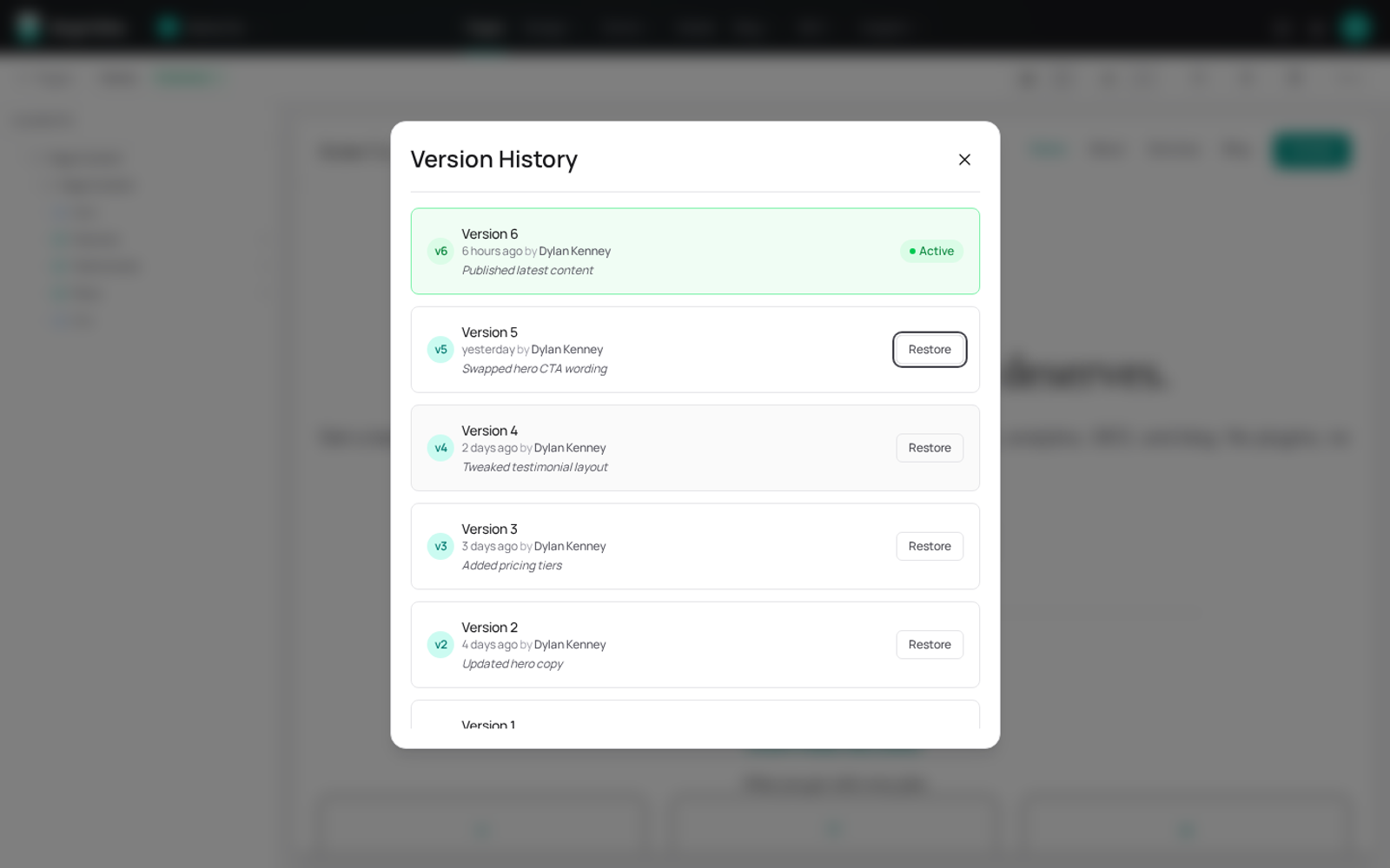 Page version history modal with restore points for each publish