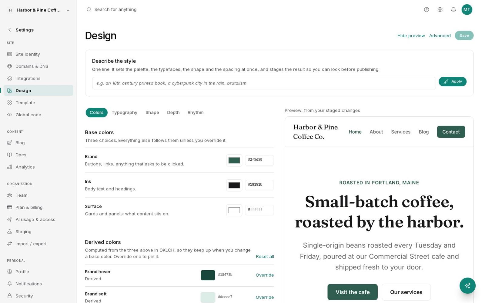 Design settings with Describe the style