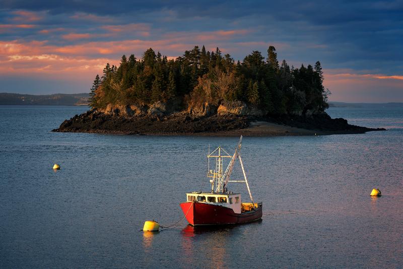 Rick Berk Notecard Set photo: a lobster boat sits at anchor in Johnson Bay at sunset in Lubec, Maine