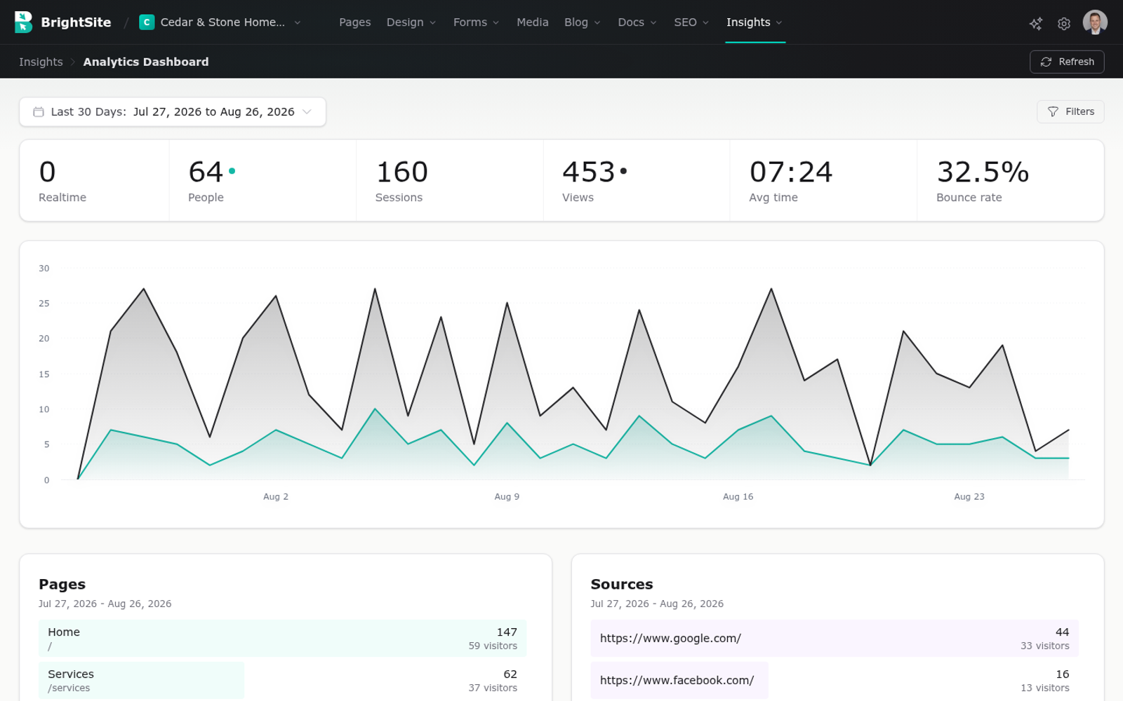 The analytics dashboard: date range, a metric bar showing People, Sessions, Views, Avg time and Bounce rate, a visitors chart, and panels for Pages and Sources.