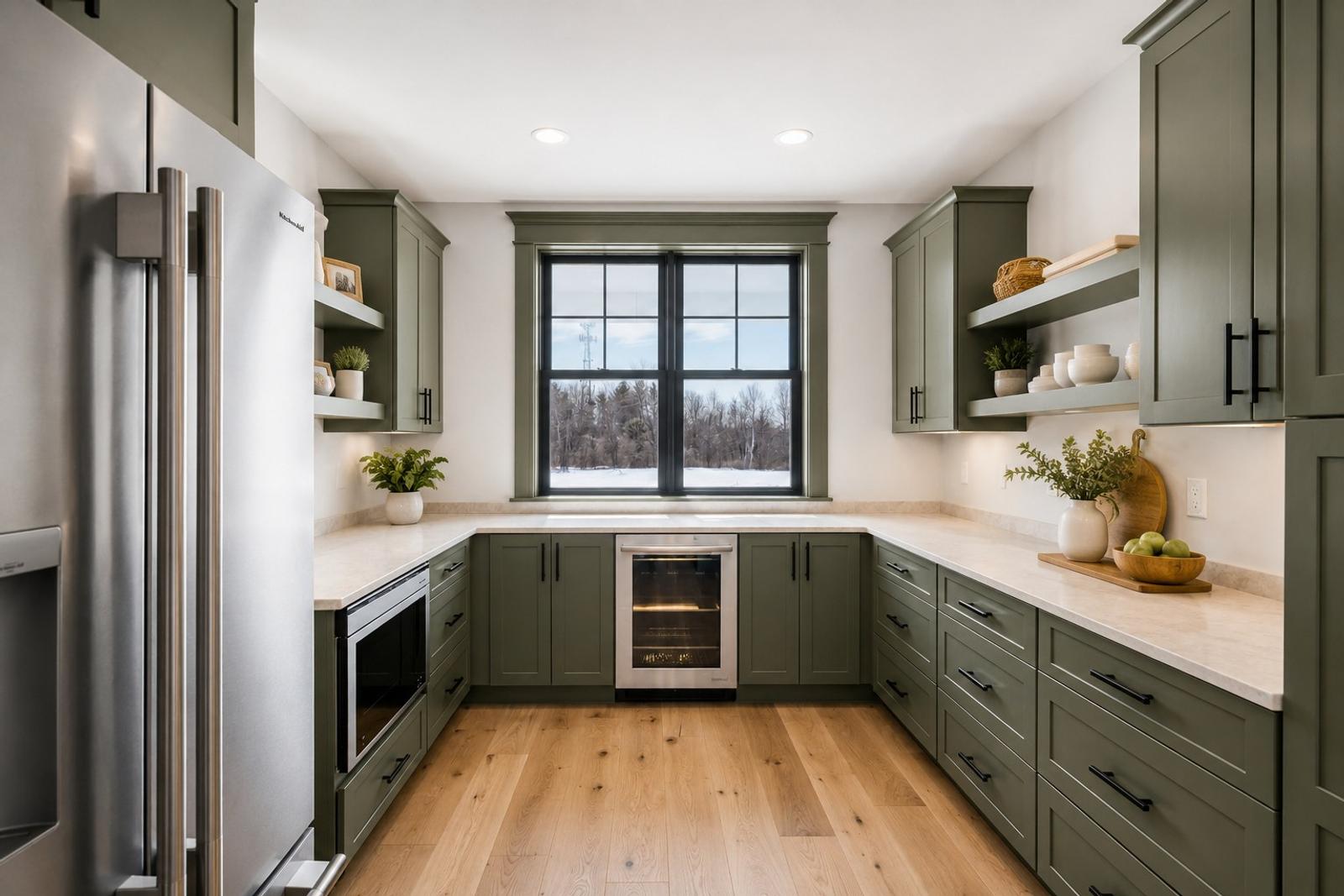 Wide plank engineered oak flooring in a finished kitchen