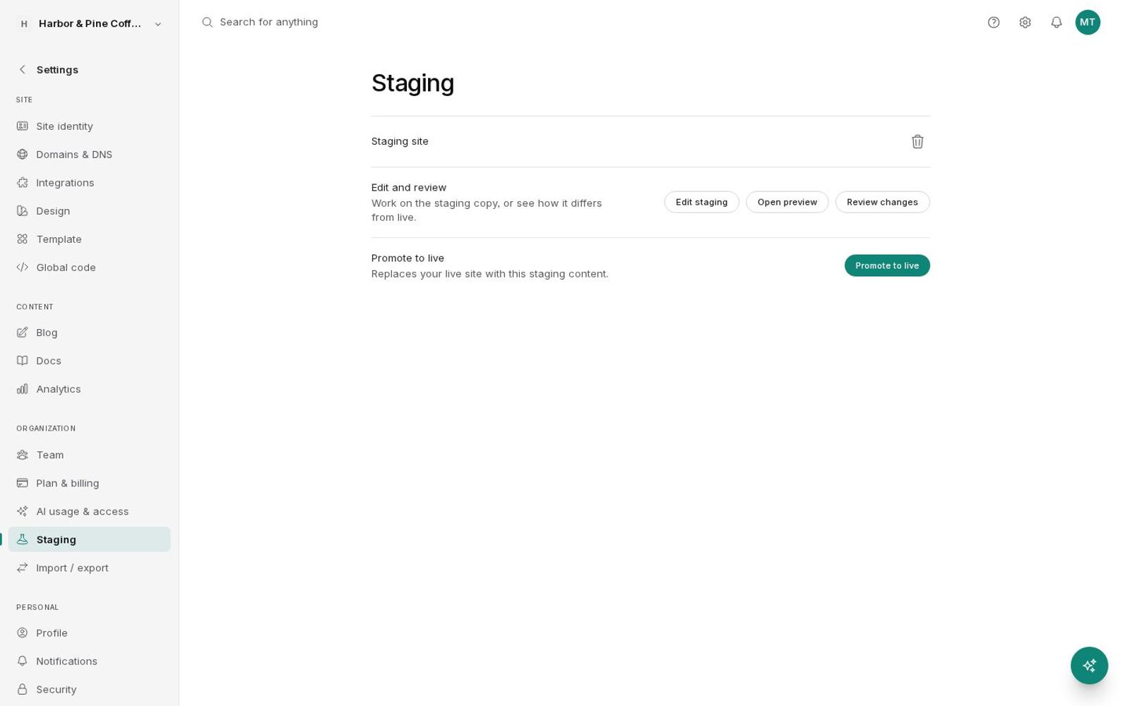 Staging site with promote to live