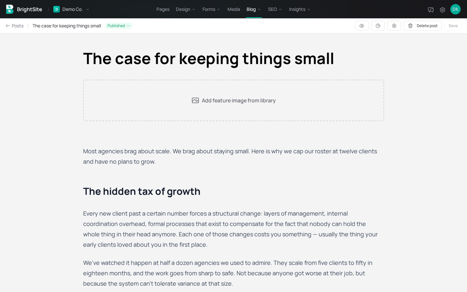 Blog post editor with rich content and feature image