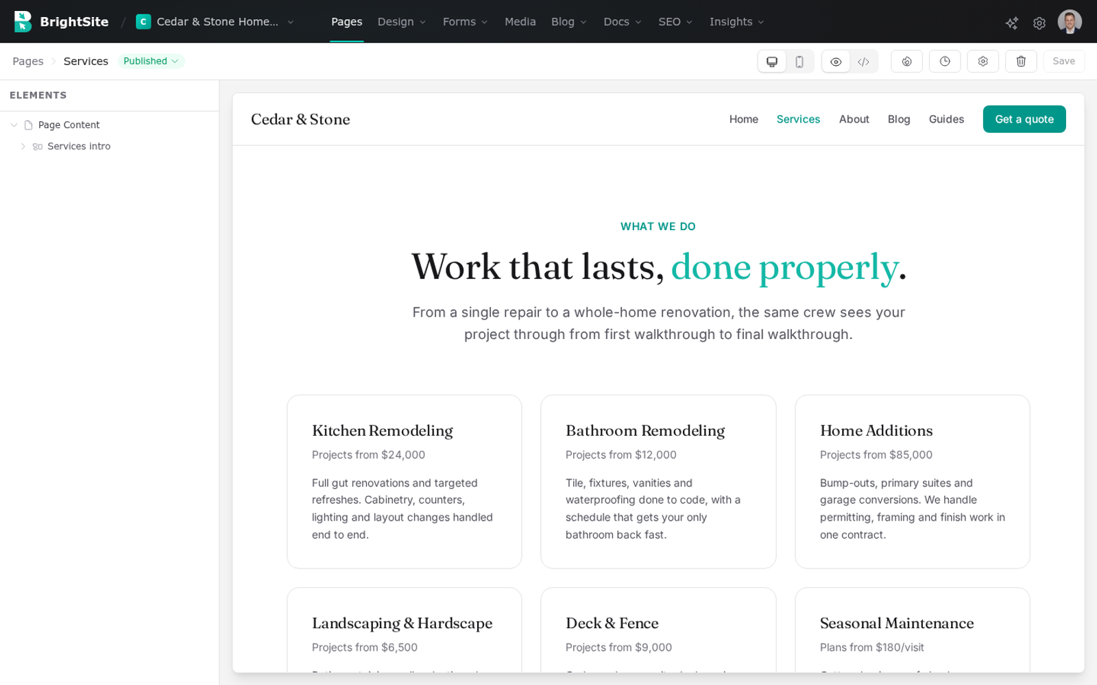 The visual editor: the page preview on the right and an Elements panel on the left.