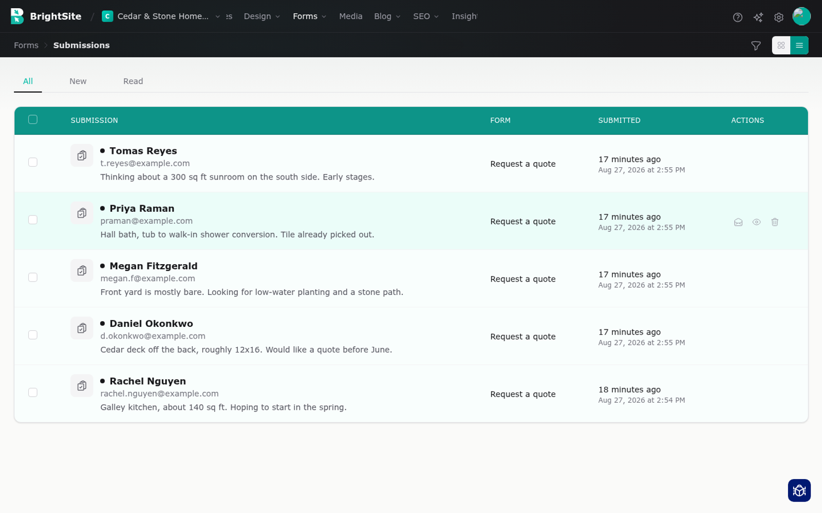A list of real form entries in the inbox, each row showing the visitor's details and when they got in touch.