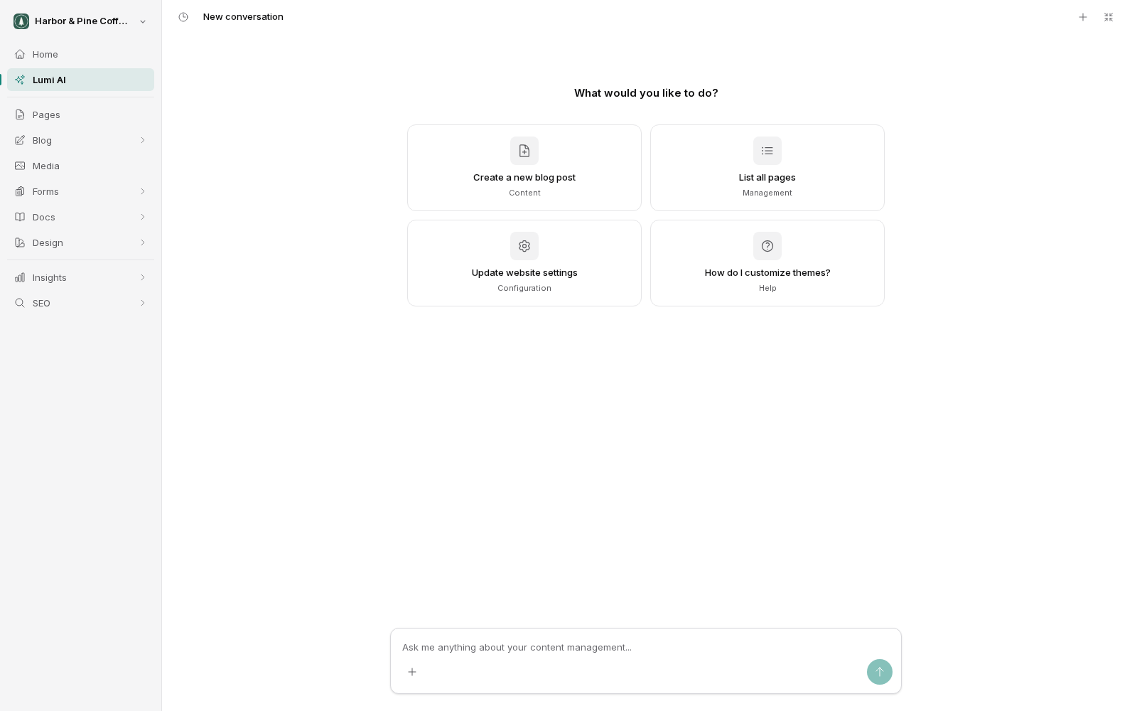 Full-page Lumi chat, opened from Lumi AI in the sidebar. A new conversation asks What would you like to do, with four starter cards: Create a new blog post, List all pages, Update website settings and How do I customize themes. A wide message box sits at the bottom of the screen.