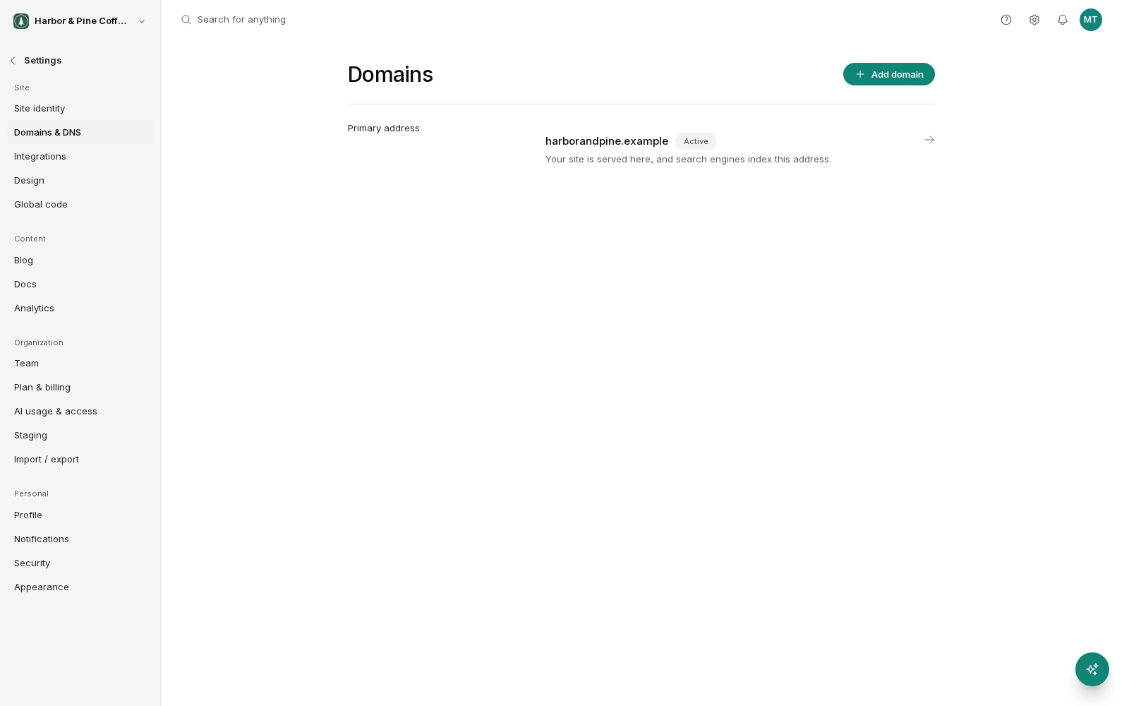 The Domains settings screen, opened from Domains and DNS in the settings sidebar. The Primary address row shows a connected domain marked Active, with a note that the site is served there and search engines index that address. An Add domain button sits at the top right.
